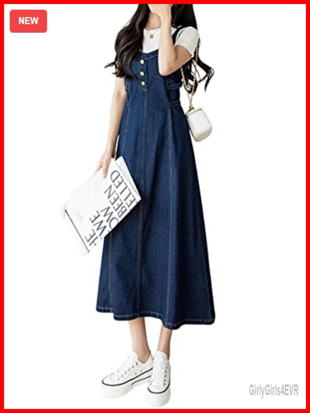 Sleeveless Smocked Back A-Line Denim Overall Dress Midi